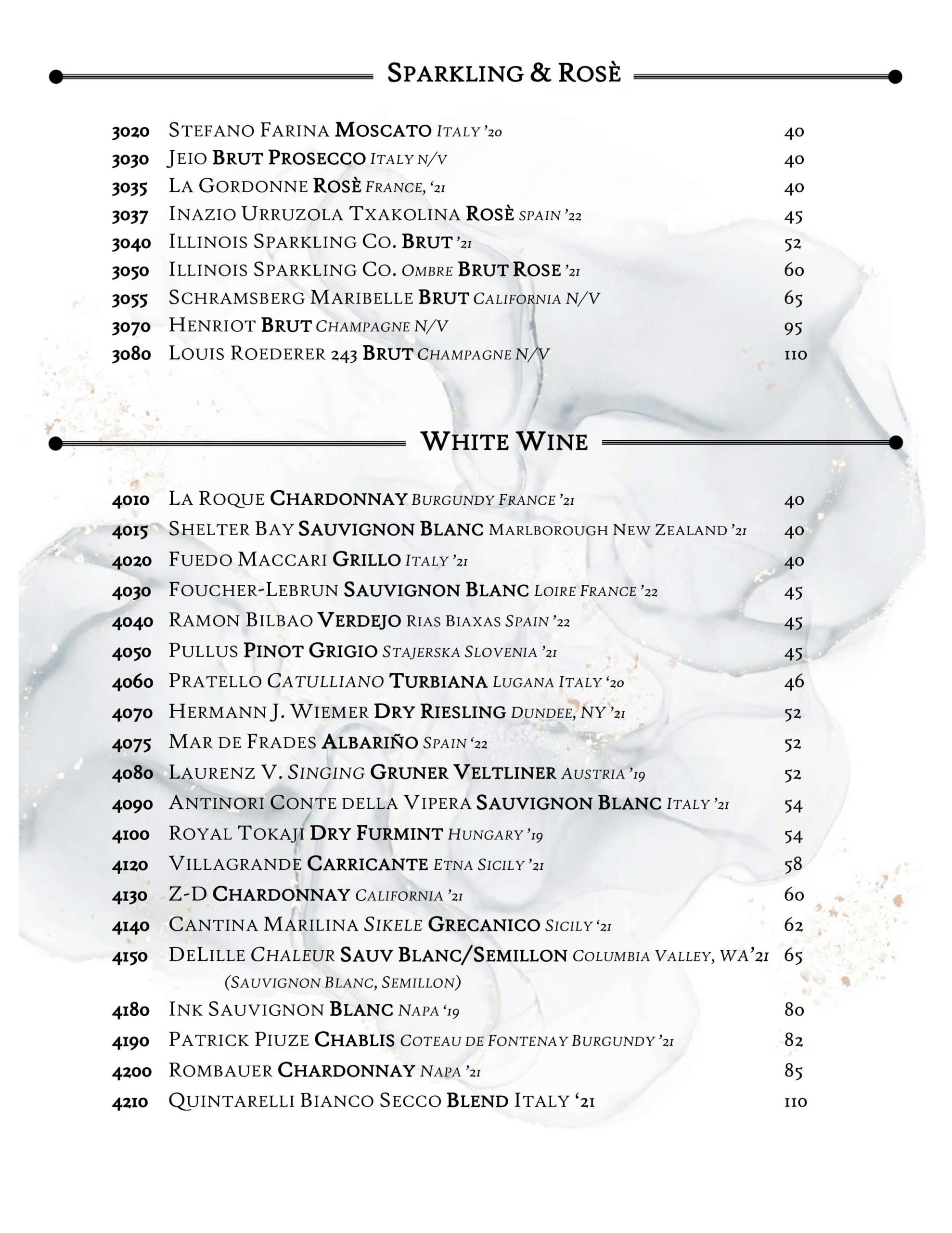 Wine List Patina Wine Bar Park Ridge, IL