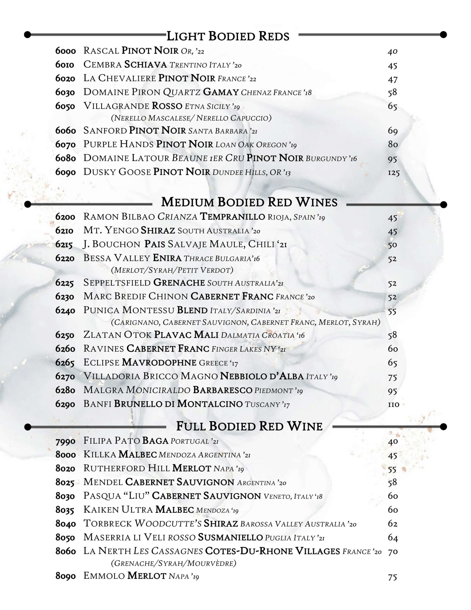 Wine List Patina Wine Bar Park Ridge, IL