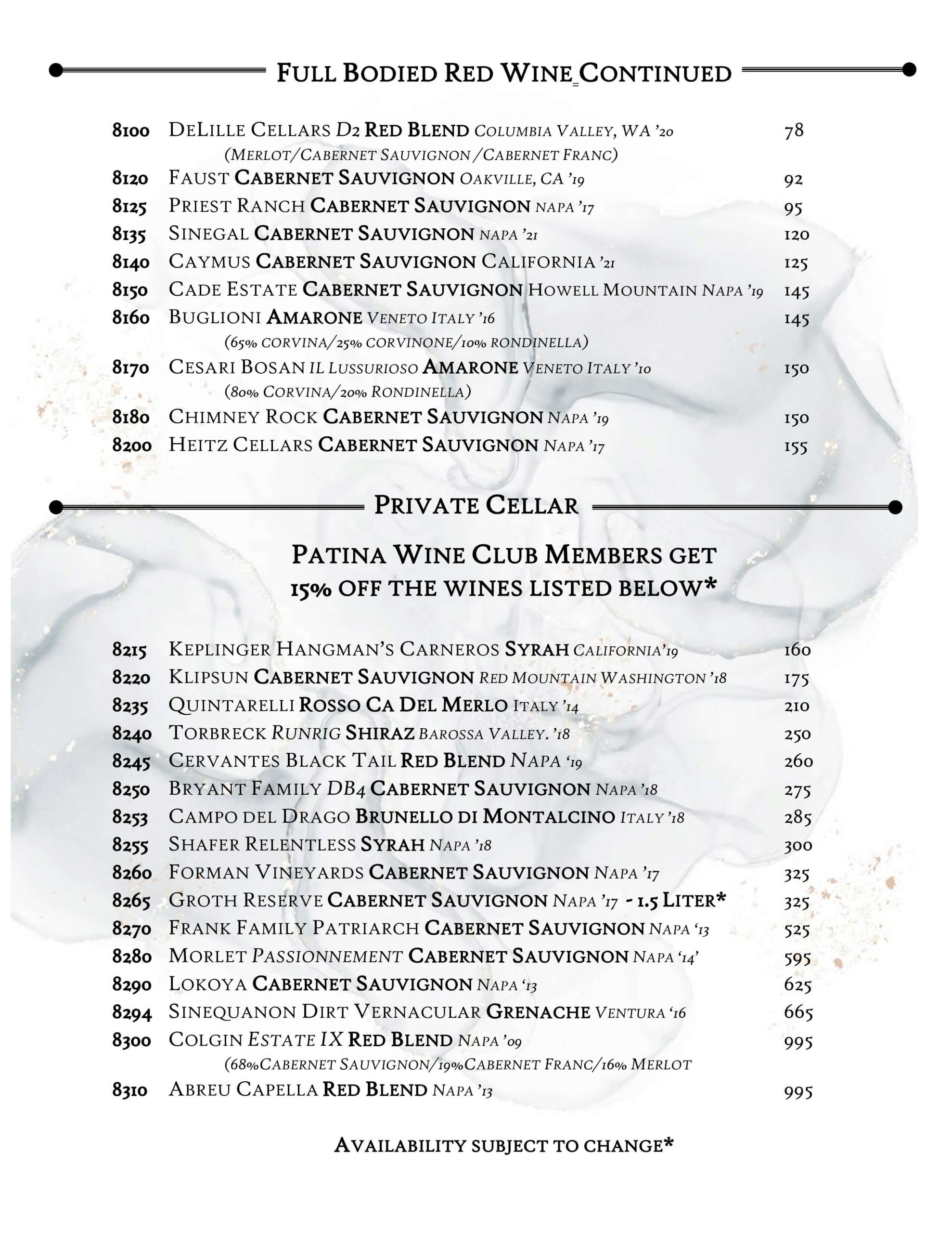 Wine List Patina Wine Bar Park Ridge, IL