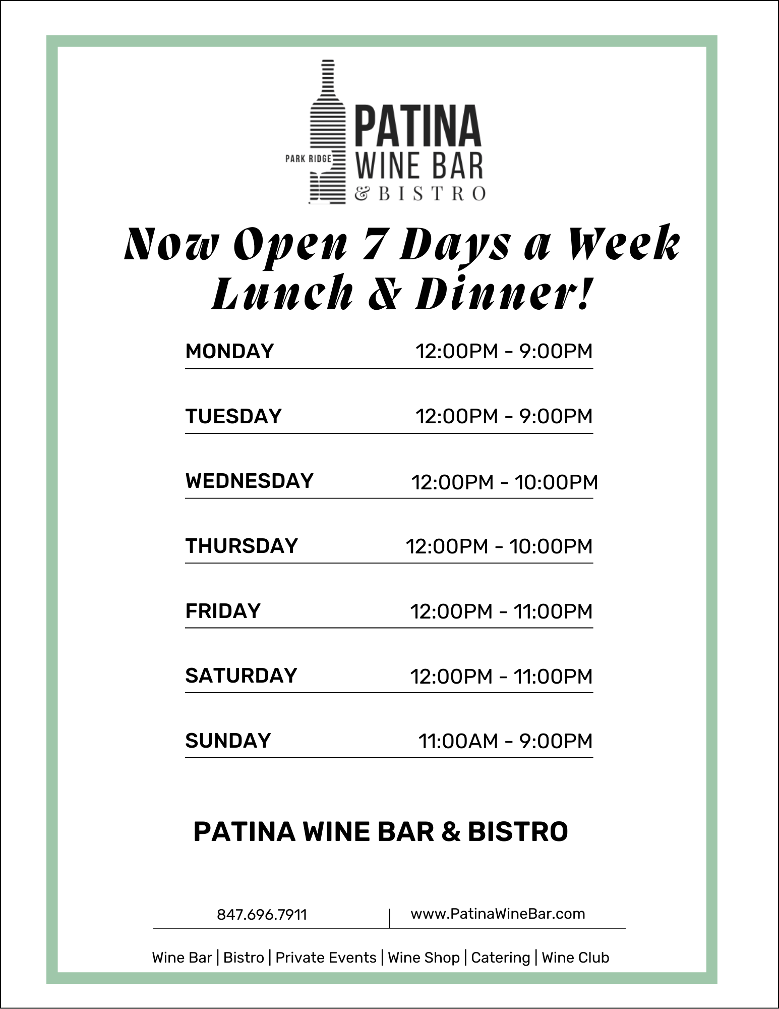 Updated Hours at Patina!